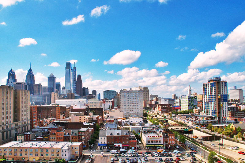 A photo looking west to the Philadelphia skyline taken from the Metroclub condominium building's roof.